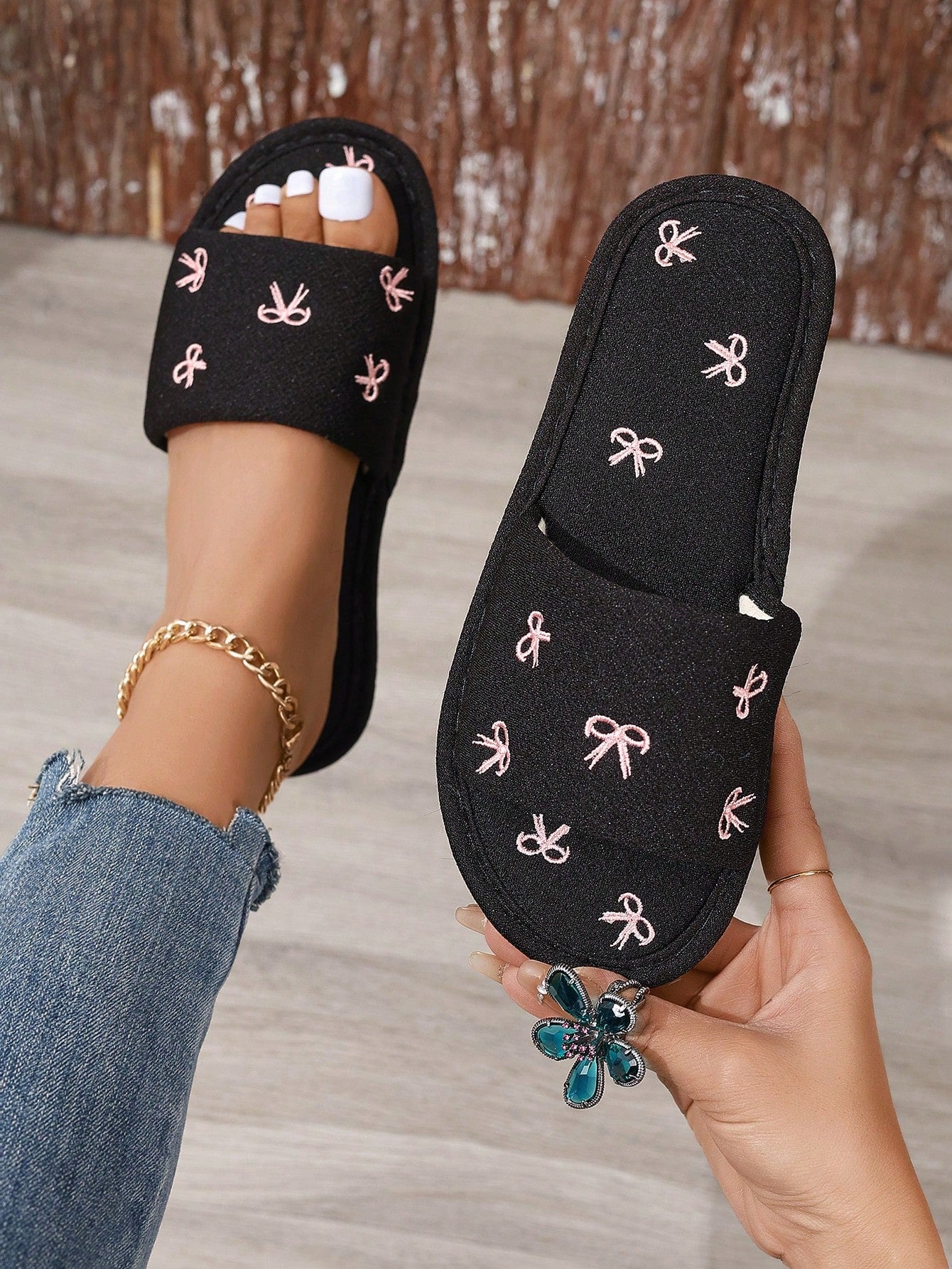 Women's Home Slippers Embroidery Bowknot Linen Slides, Spring Summer Autumn Indoor Open Toe Flat Slippers