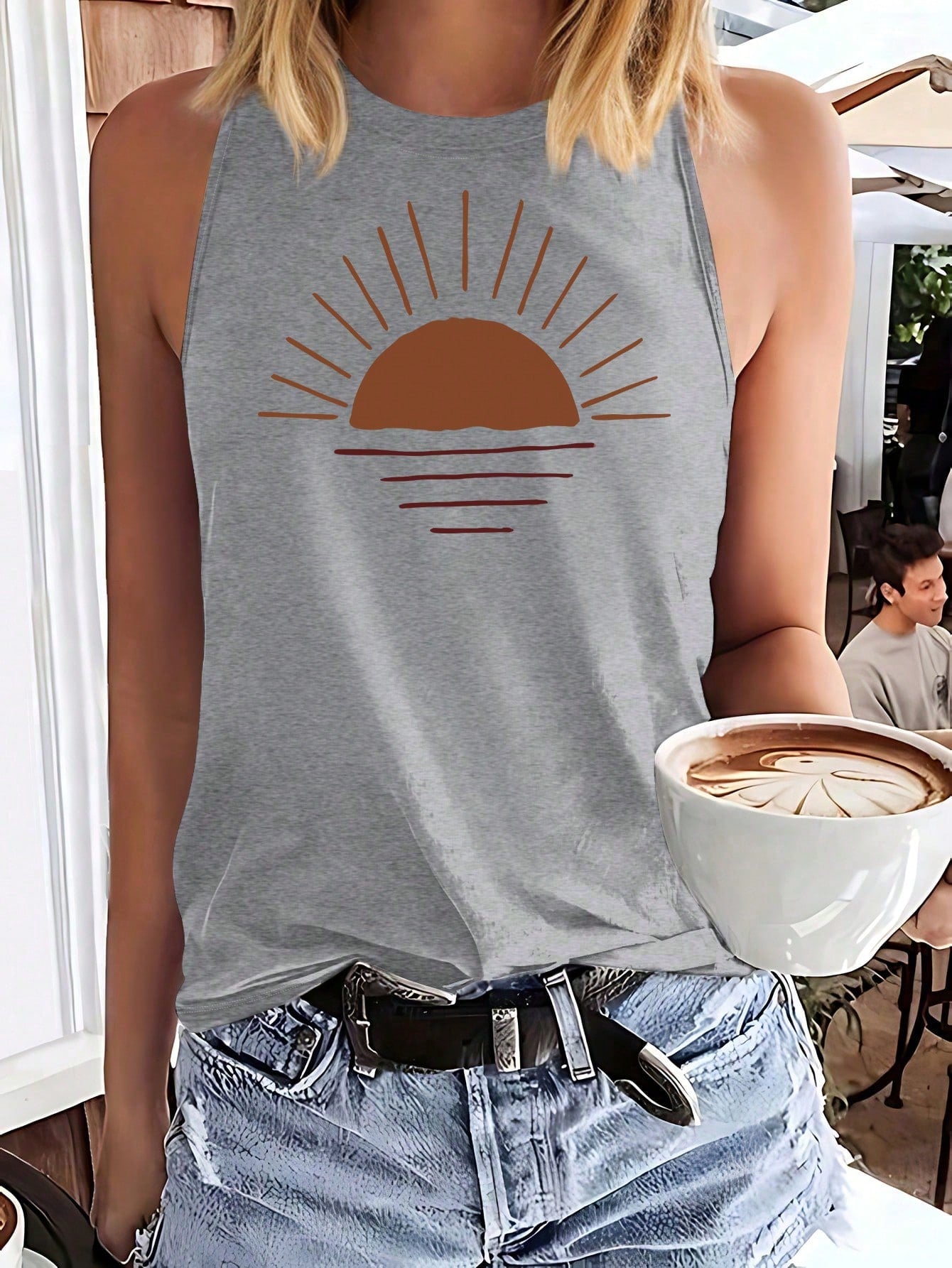 Simple Sun And Sunrise Print Casual Tank Top With Round Neckline