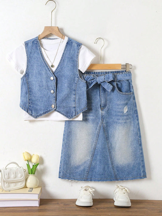 Tween Girl Soft Washed Sleeveless Denim Vest With Belt, Distressed Denim A-Line Skirt Set For Spring And Summer