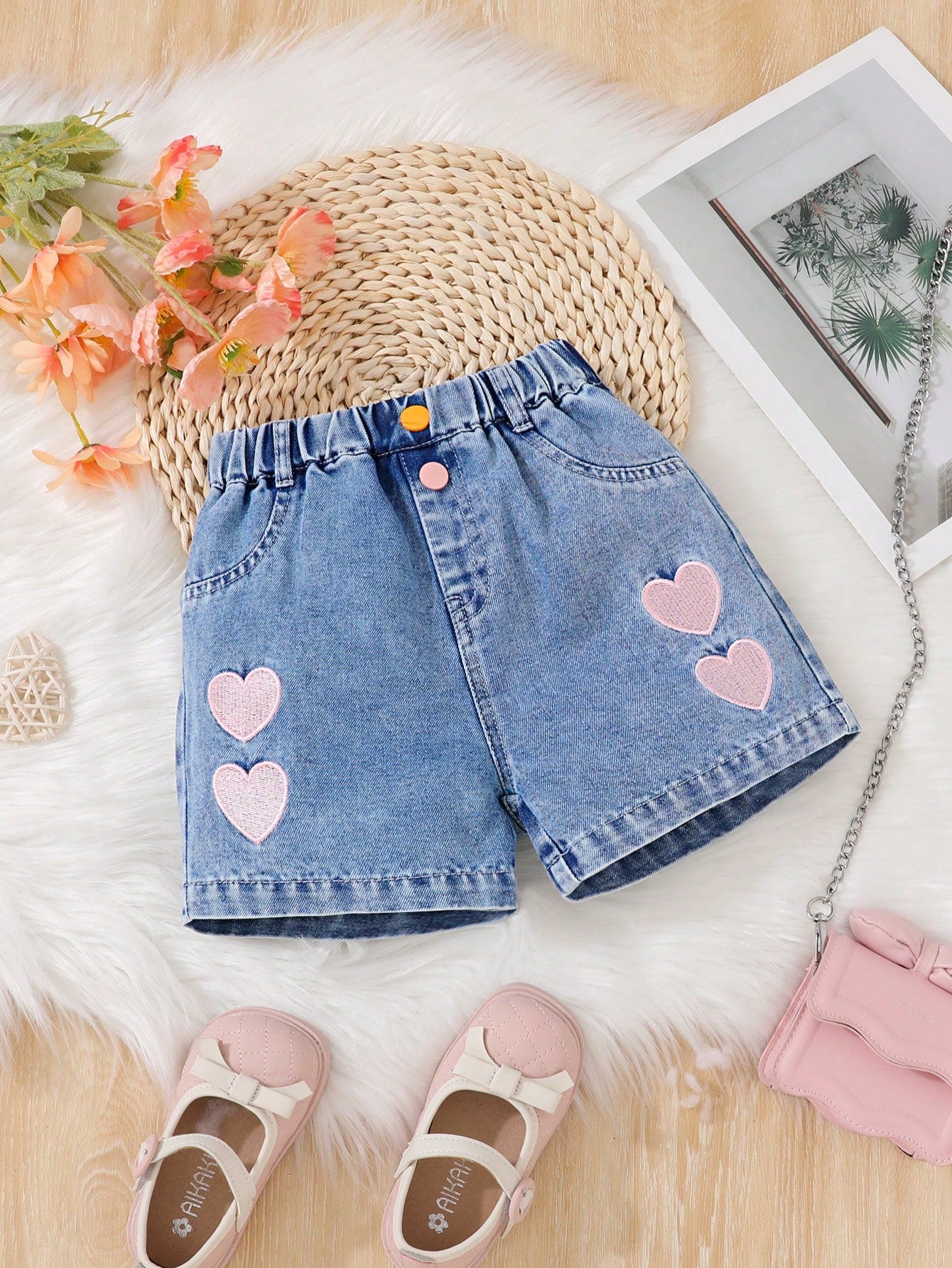 Young Girl Casual And Cute Heart-Shaped Embroidery Colorful Button Details Denim Shorts For Daily Wear