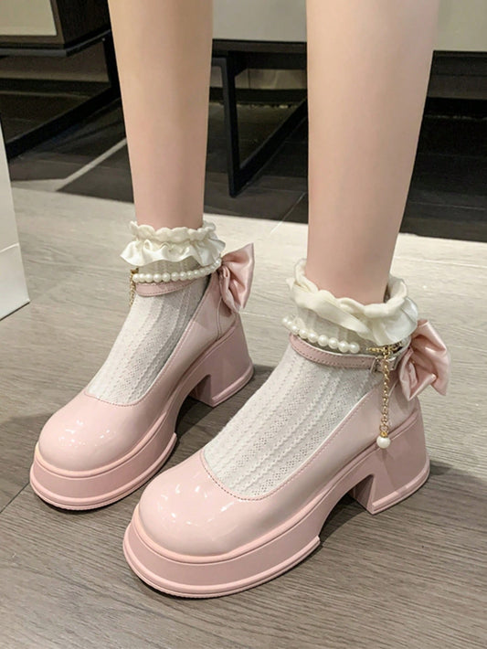 Thick Soled Shoes With School Style, Chunky Heel, Pearl Chain And Small Leather Shoes, High Fashion Mary Jane Women Shoes