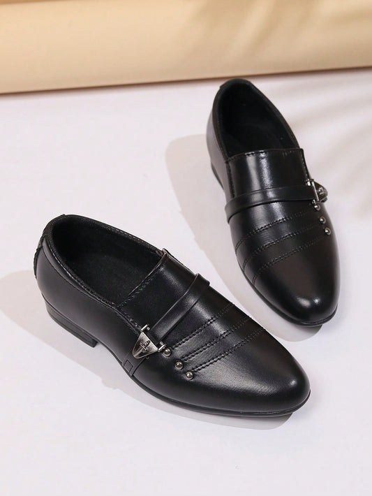 1 Pair Of Unisex Fashionable British Style Dress Shoes With Metal Buckle And Stud Decoration On Leather Surface, Ideal For Casual Wear, Trendy Outfits, Formal Occasions, Fashion Shows, Performances And Dance Practice