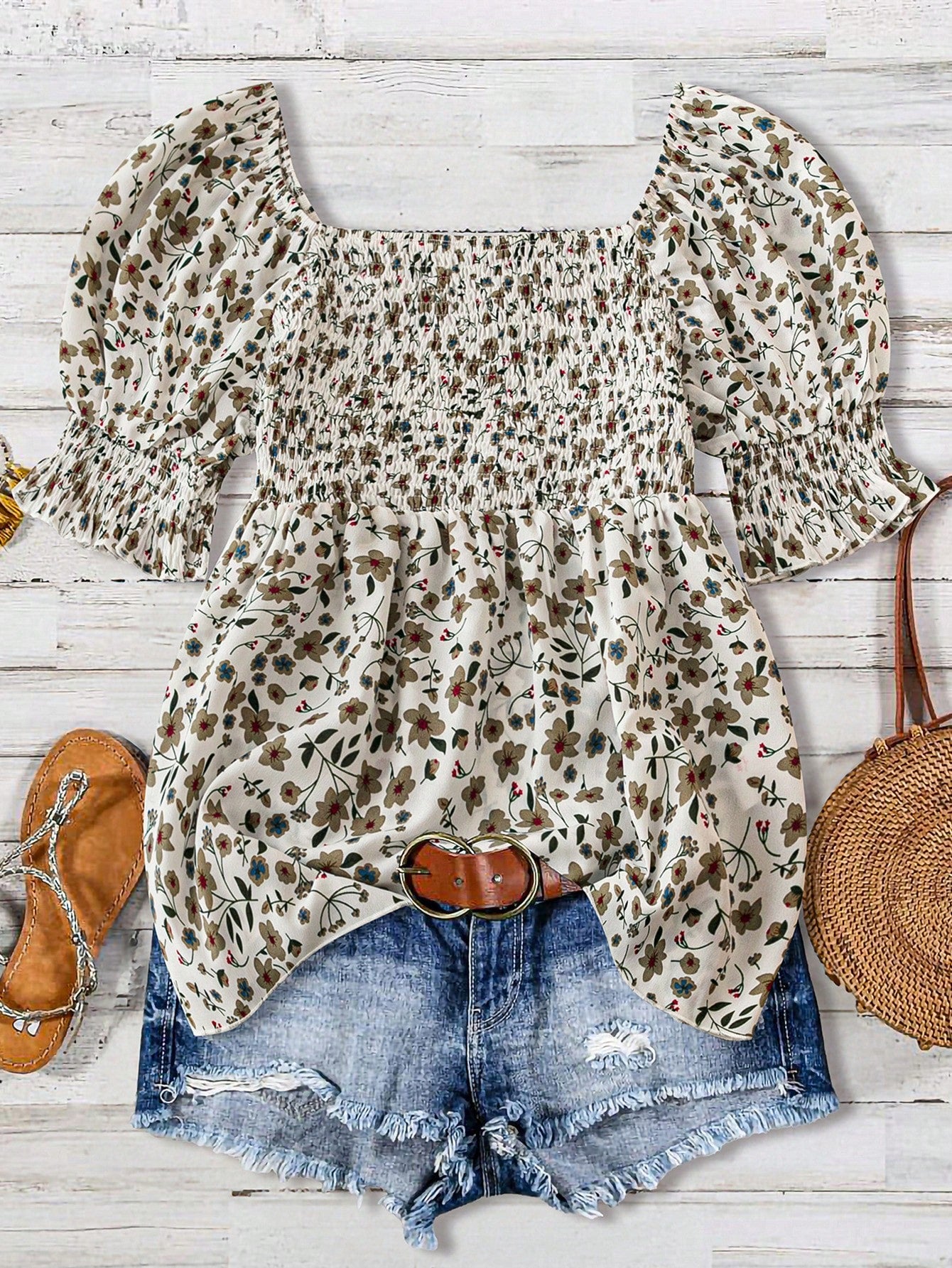 Plus Size Women's Stylish Printed Oversized Puff Sleeve Shirt