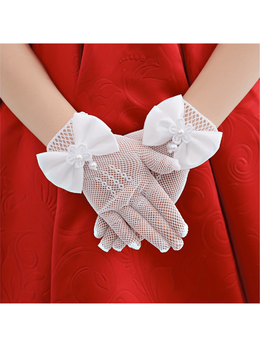 1pair Girls' Lace Hollow Out Butterfly, Faux Pearl & Bowknot Decor Princess Gloves For Party, Festival Activities