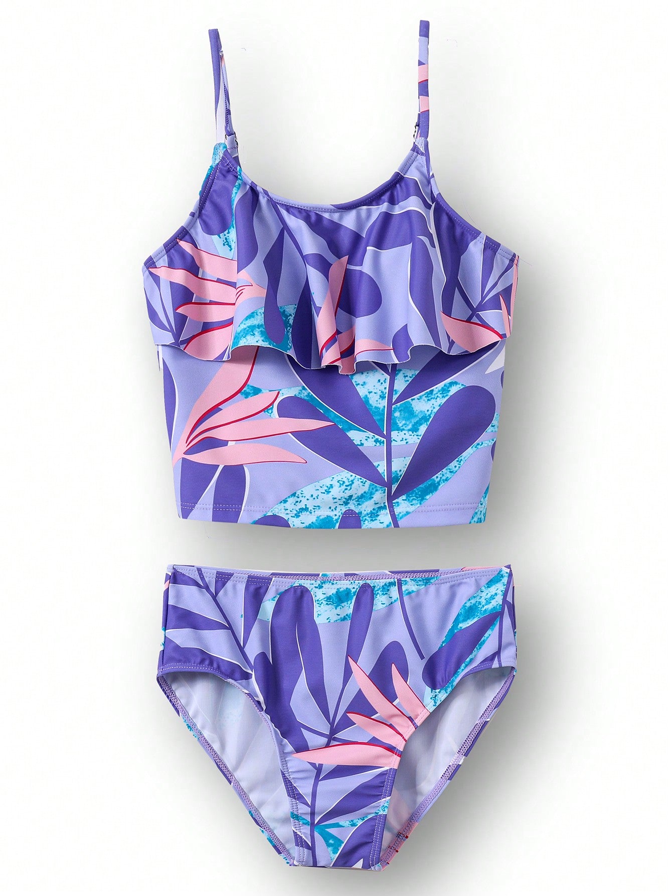 2024 New Summer Swimsuit For Kids, Separated Purple Floral Swimwear For Tween Girl, Beach Swim Gear