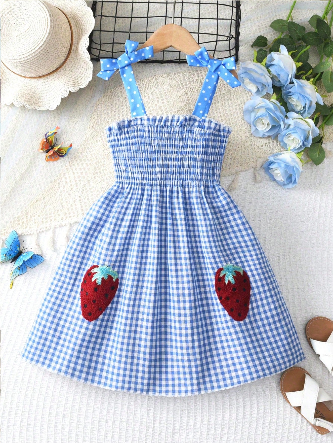 Young Girl Strawberry Patched Gingham Print Tie Shoulder Cami Dress