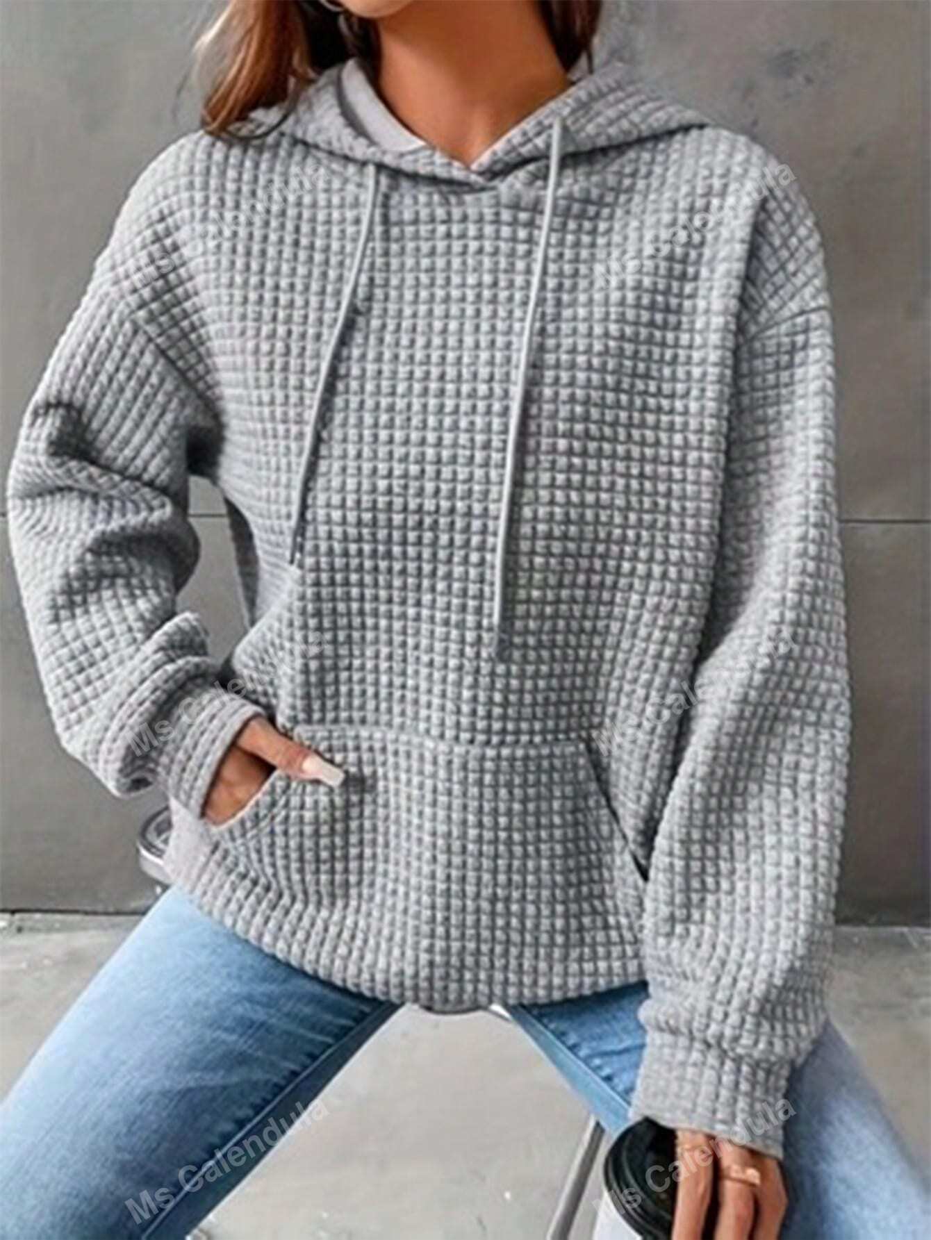 Plus Size Women's Loose Fit Pullover Hoodie With Long Sleeve And Patchwork Waffle Grid Design For Commuting