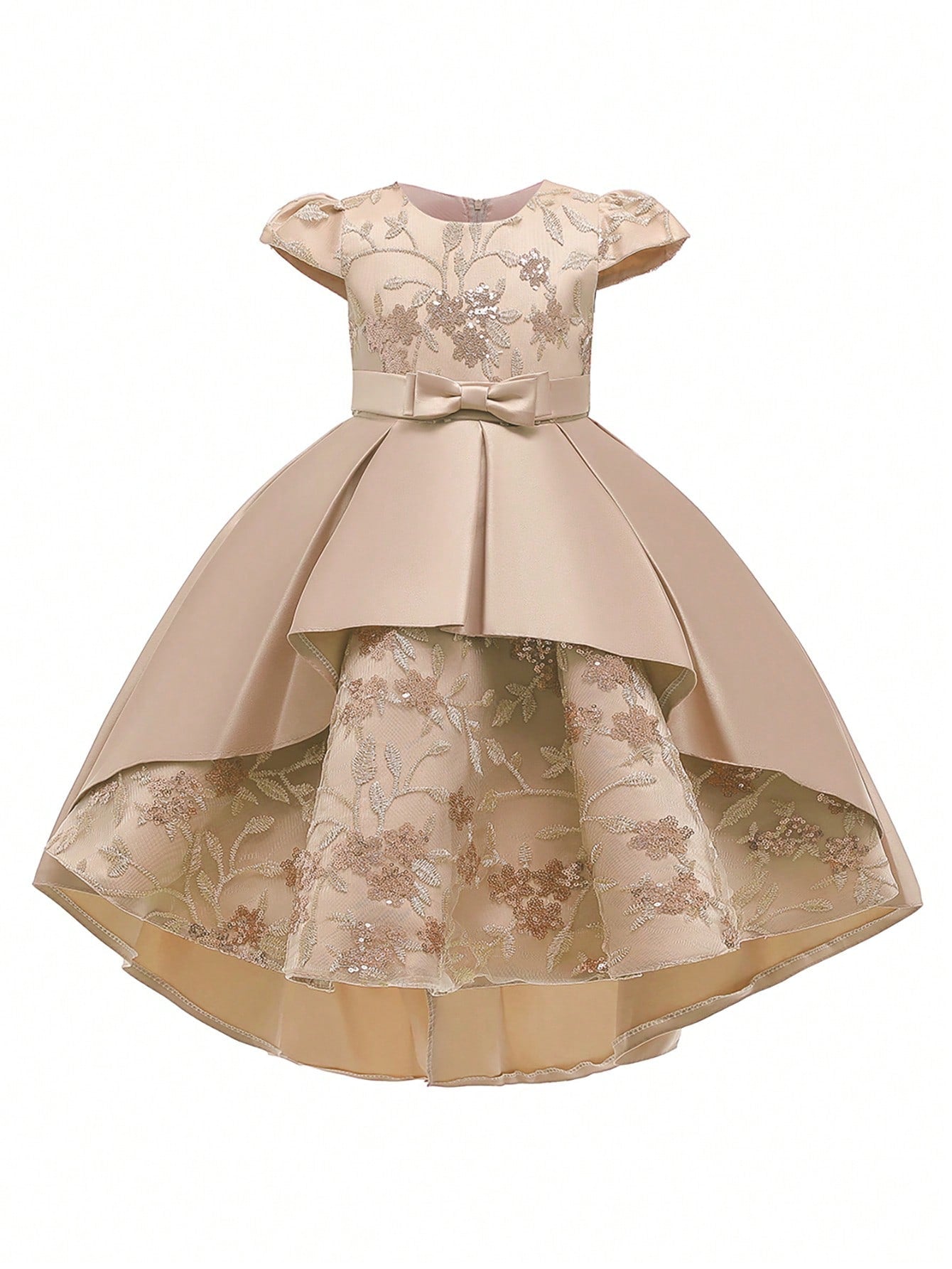 Young Girl Plain Satin Embroidered Bow Decorated Gorgeous Flower Girl Party Dress