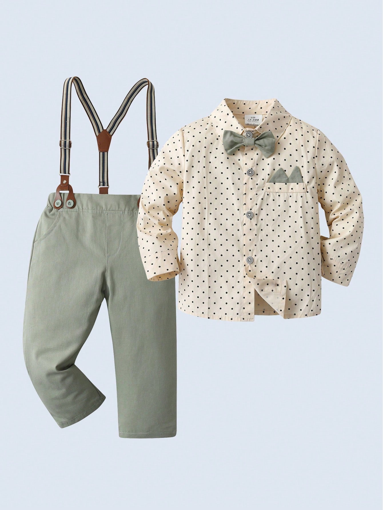 Young Boys' Gentleman Suit Two-Piece Set With Long-Sleeved Collared Shirt, Bow Tie And Green Suspenders Pants, Fashionable And Handsome, Suitable For Birthday Parties, Weddings, Performances And Banquets.