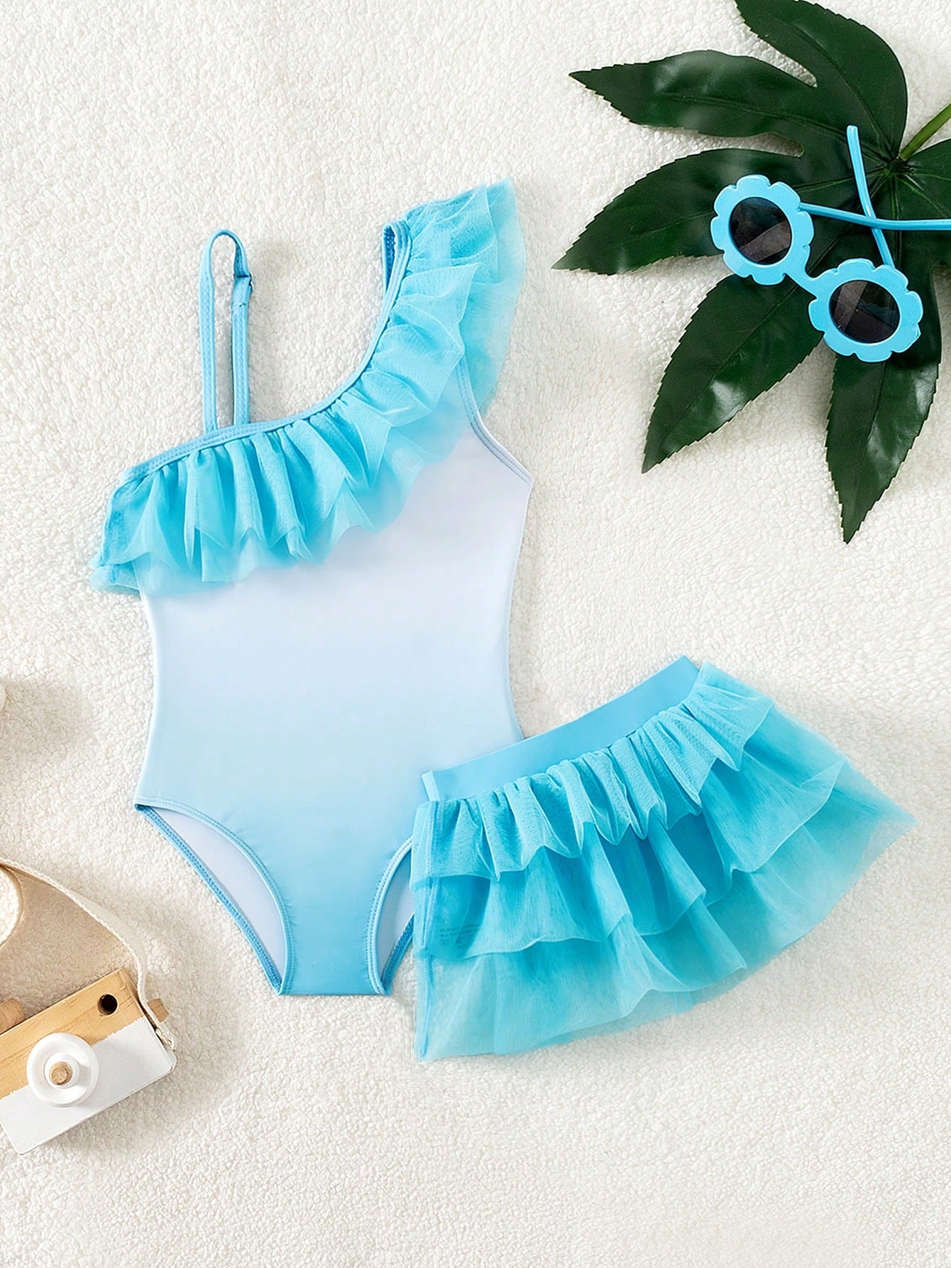 Young Girl 2pcs Gradient Color One-Piece Swimsuit With Skirt Cover-Up, Cute Bathing Suit For Summer Beach Activities