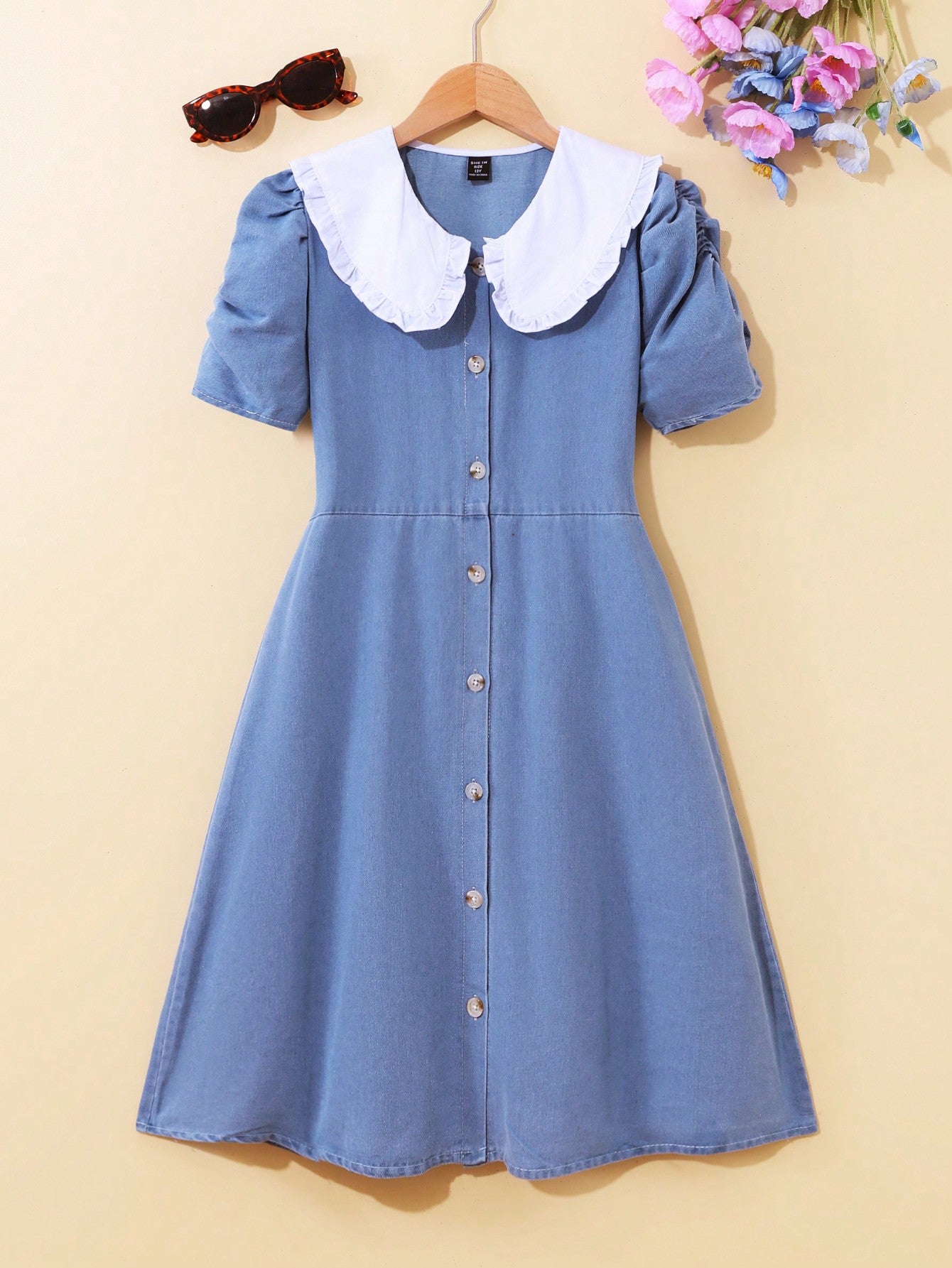 Tween Girl Casual Contrast Peter-Pan Collar Puff Sleeve Denim Dress