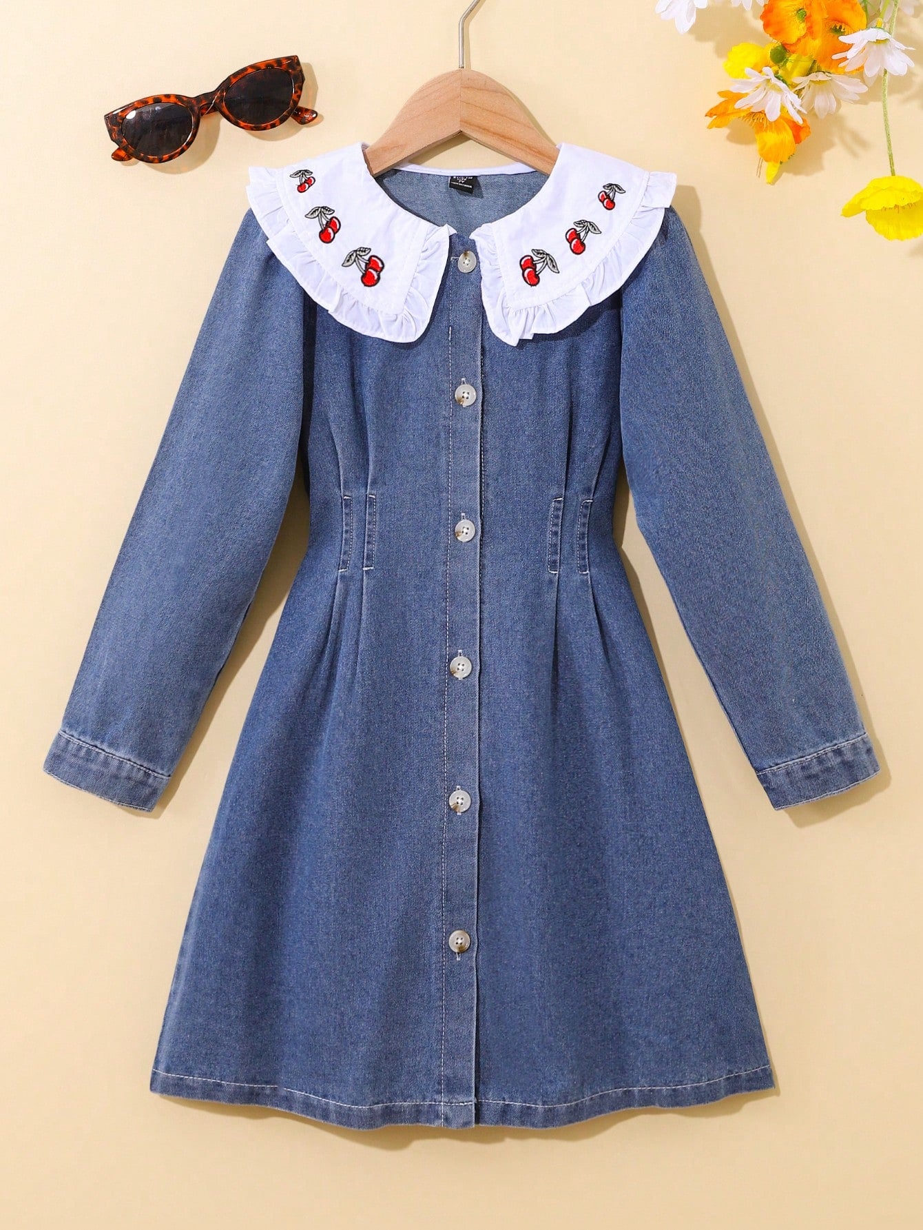 Young Girl Cherry Embroidery Sailor Collar Fold Pleated Detail Denim Shirt Dress