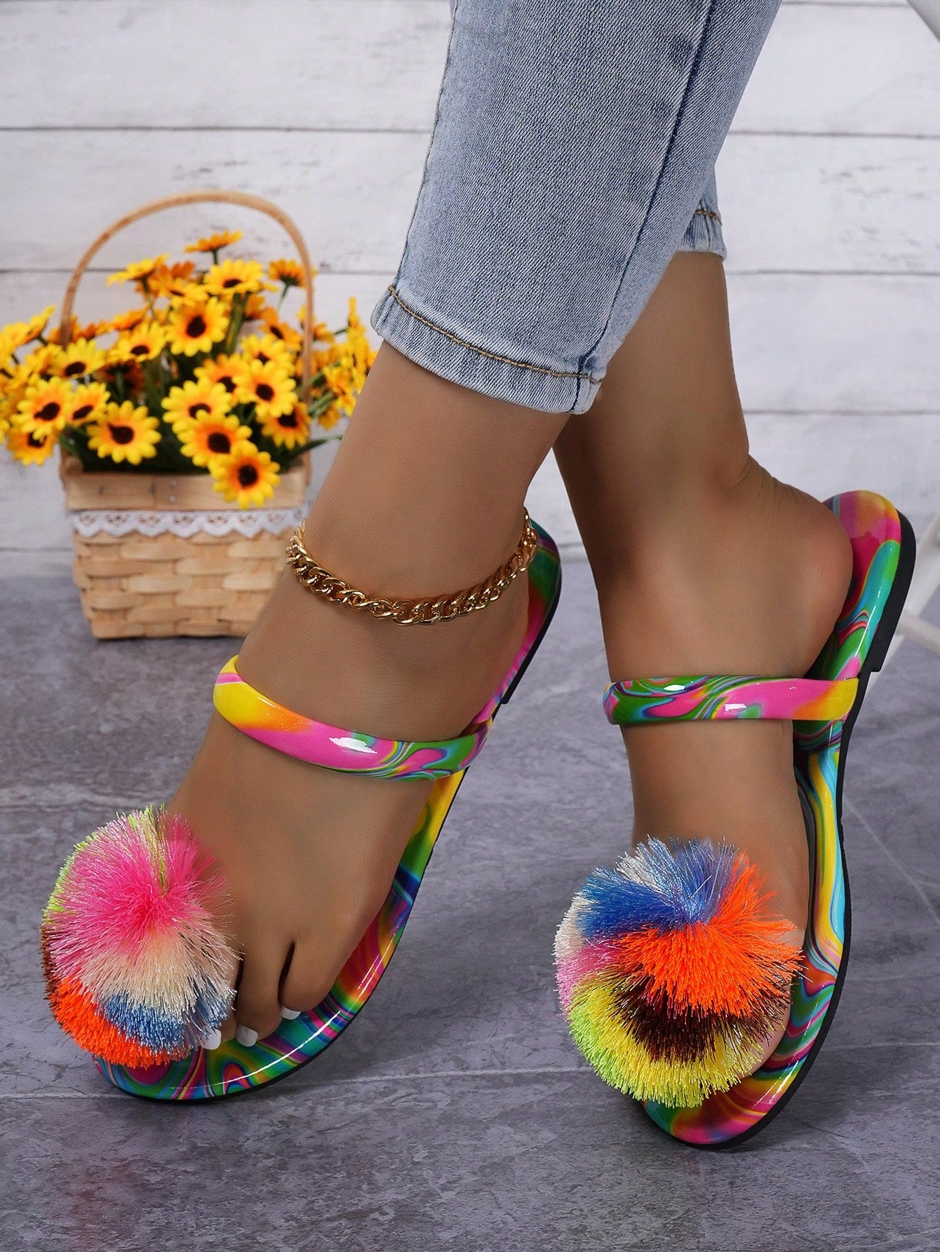 Ladies Fashionable Flat Sandals With Fur Ball Detailing, Multicolor Slides For Women & Students