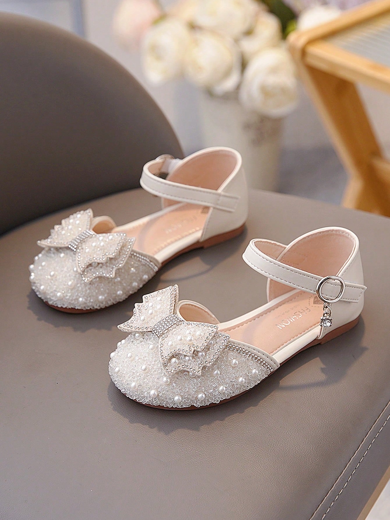 Children Flat Shoes With Rhinestone Bow Embellishment And Glittering Details