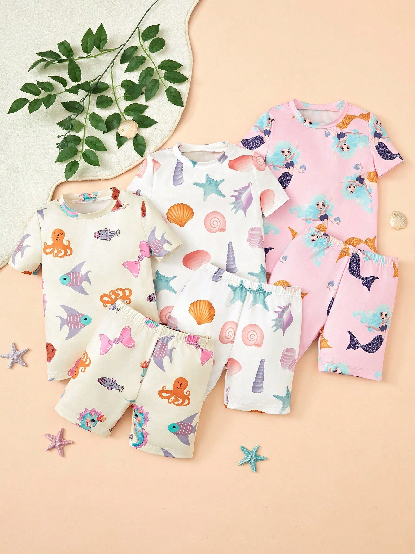 Young Girl Beach Oceanic Allover Print Short Sleeve T-Shirt And Shorts Set, 6pcs Snug Fit Home Outfit