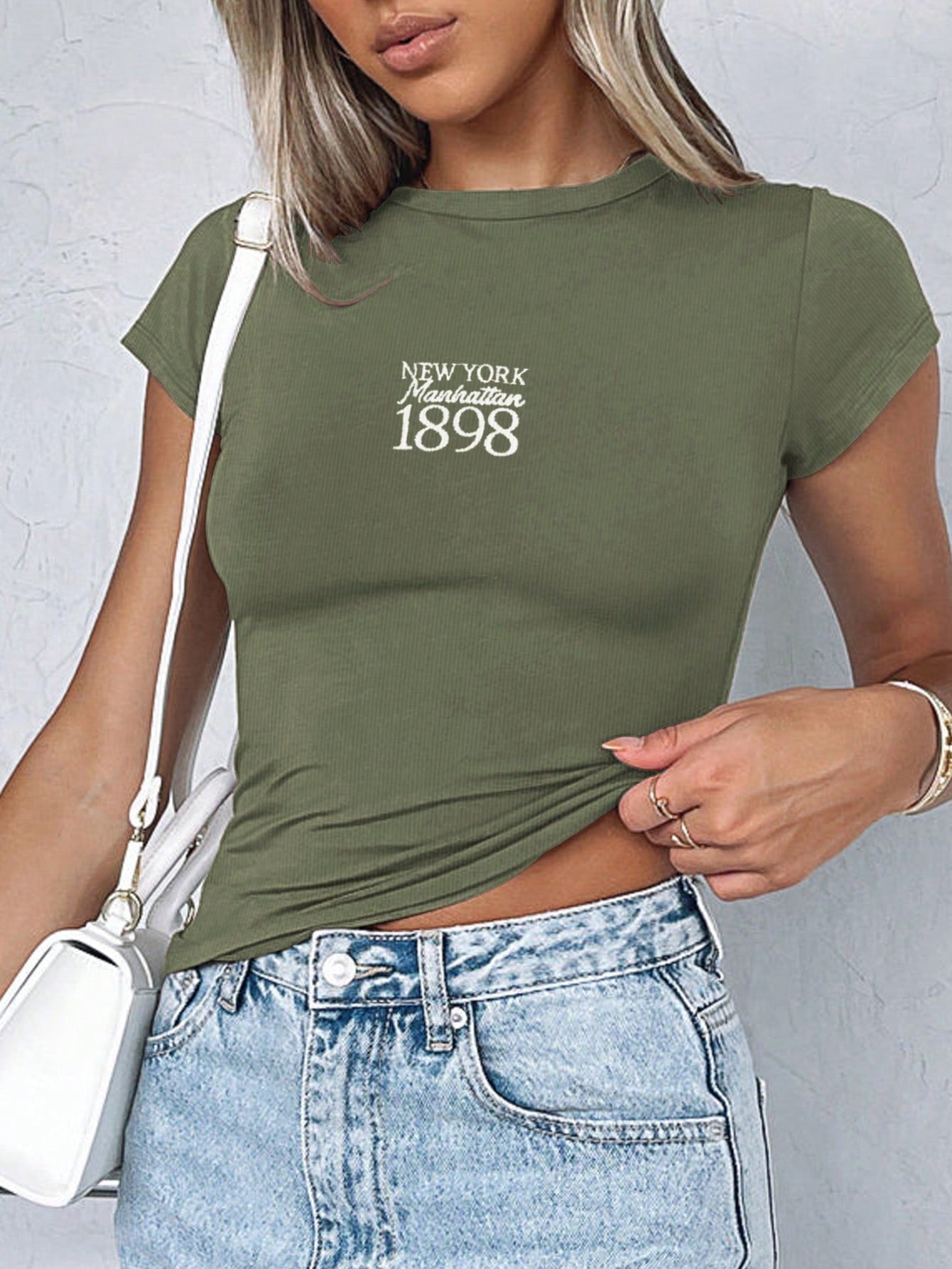 Women Summer Short Sleeve Casual T-Shirt With Letter Print Round Neck