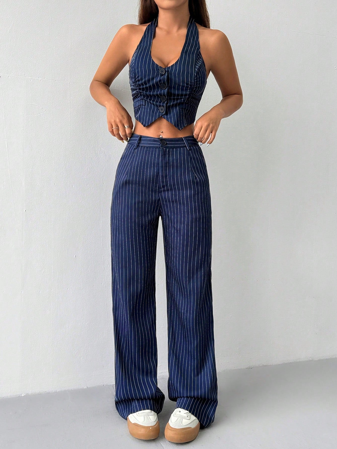 Spring Summer Casual Color Block Striped Halter Top Straight Leg Pants Suit