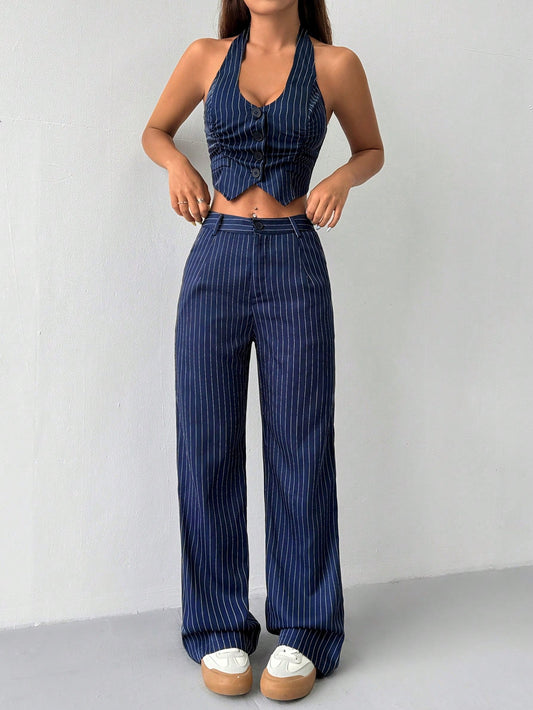 Spring Summer Casual Color Block Striped Halter Top Straight Leg Pants Suit