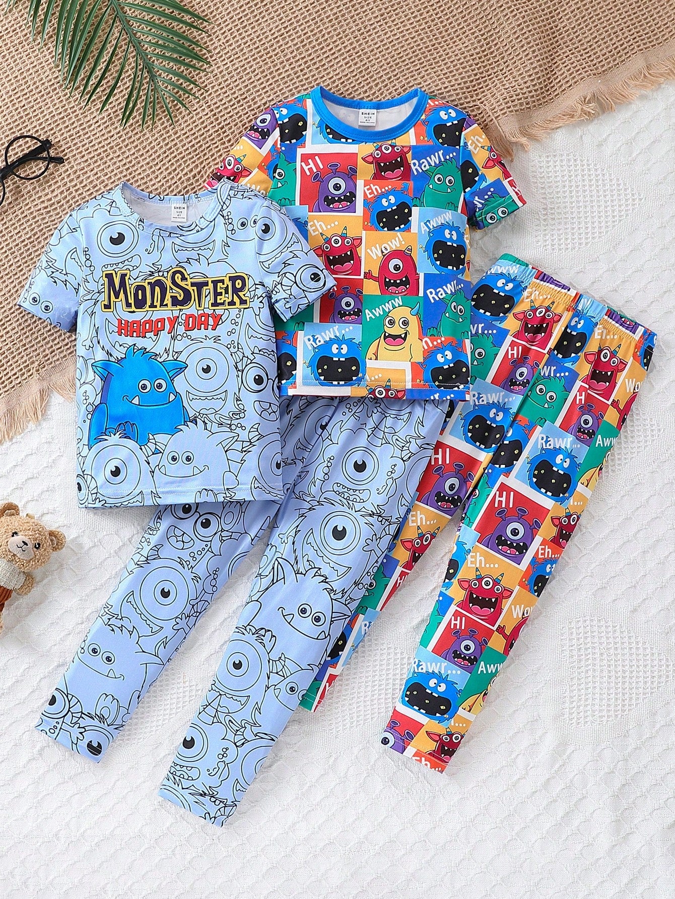 4pcs/Set Young Boys' Snug Fit Funny Little Monster Print Long Pants Short Sleeves Combination Pajamas