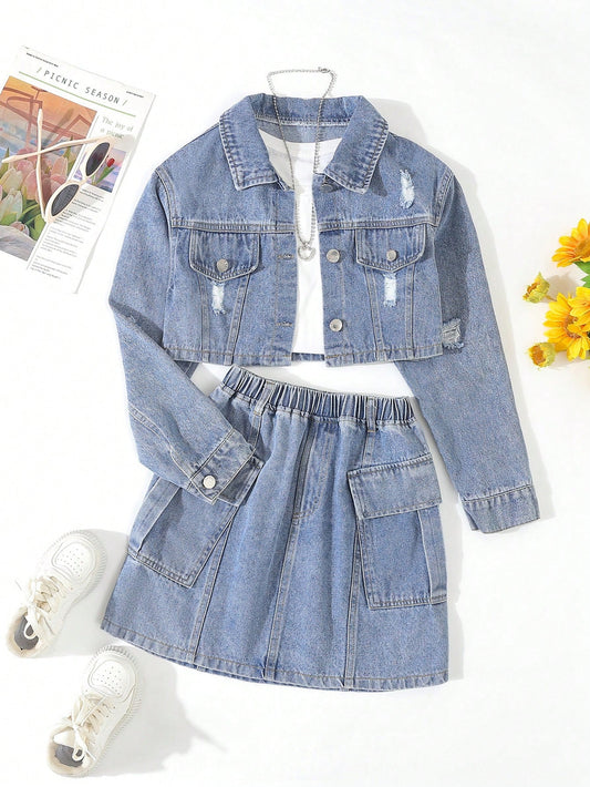 Tween Girl Basic Casual Middle-Blue-Washed Ripped Short Denim Jacket & Fully Elastic Waist Cargo Denim Skirt Sets