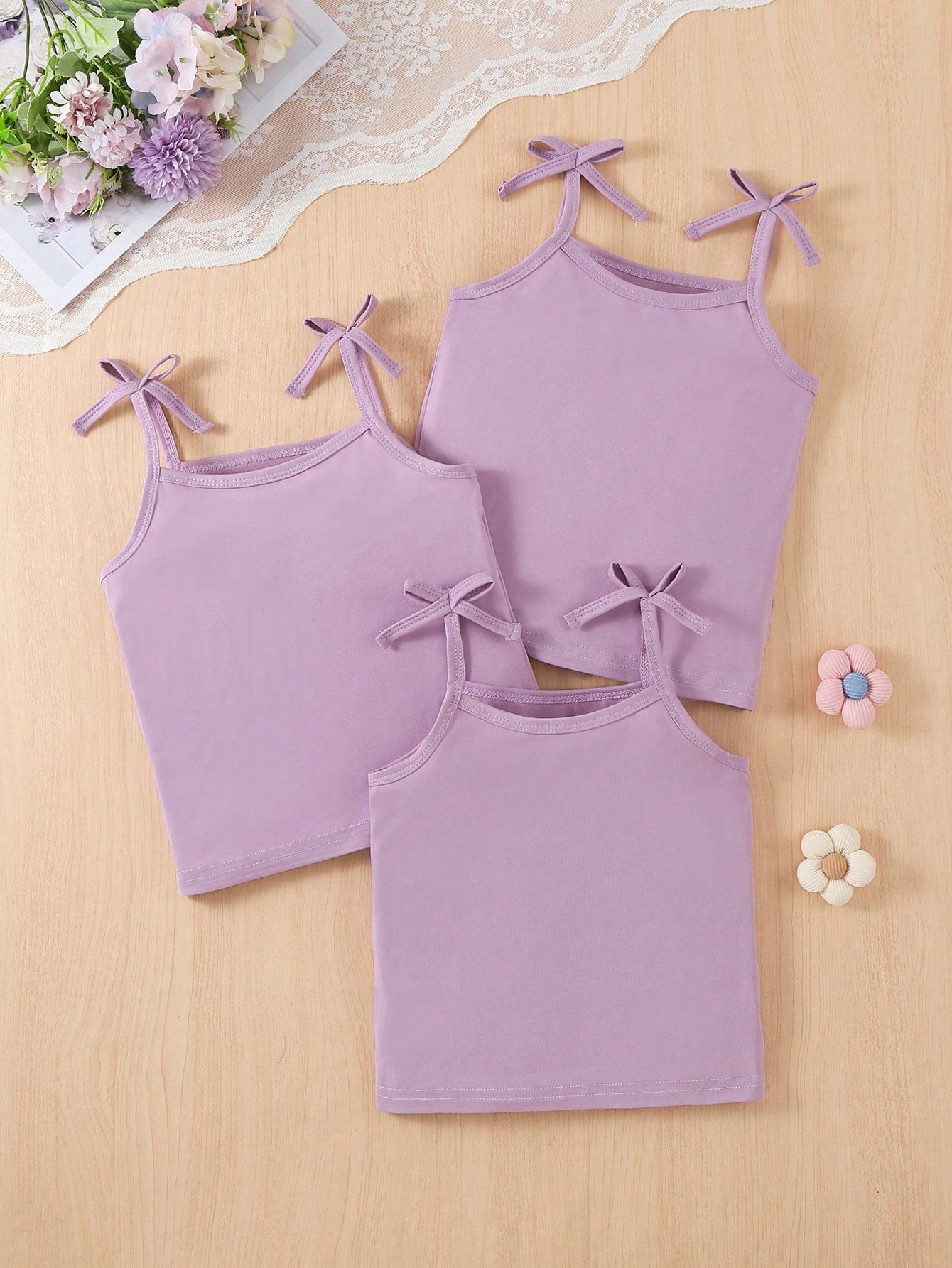 Young Girl 3pcs Plain Underwear Set With Bowknot Decorated Straps