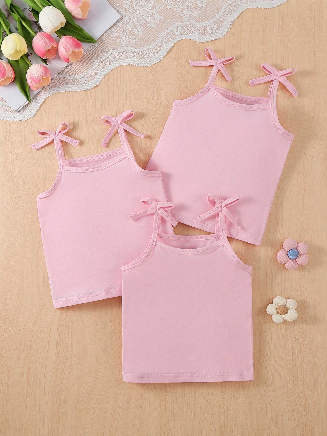 Young Girl 3pcs Plain Underwear Set With Bowknot Decorated Straps