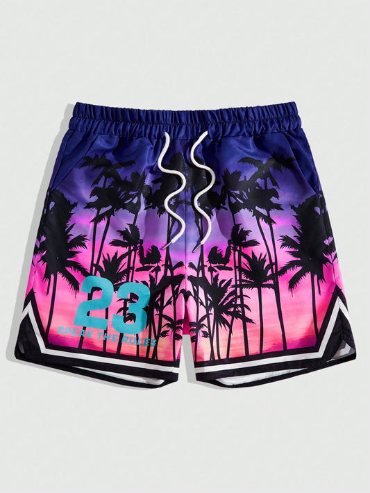 Street Life Men's Palm Tree & Letter Print Drawstring Waist Basketball Shorts