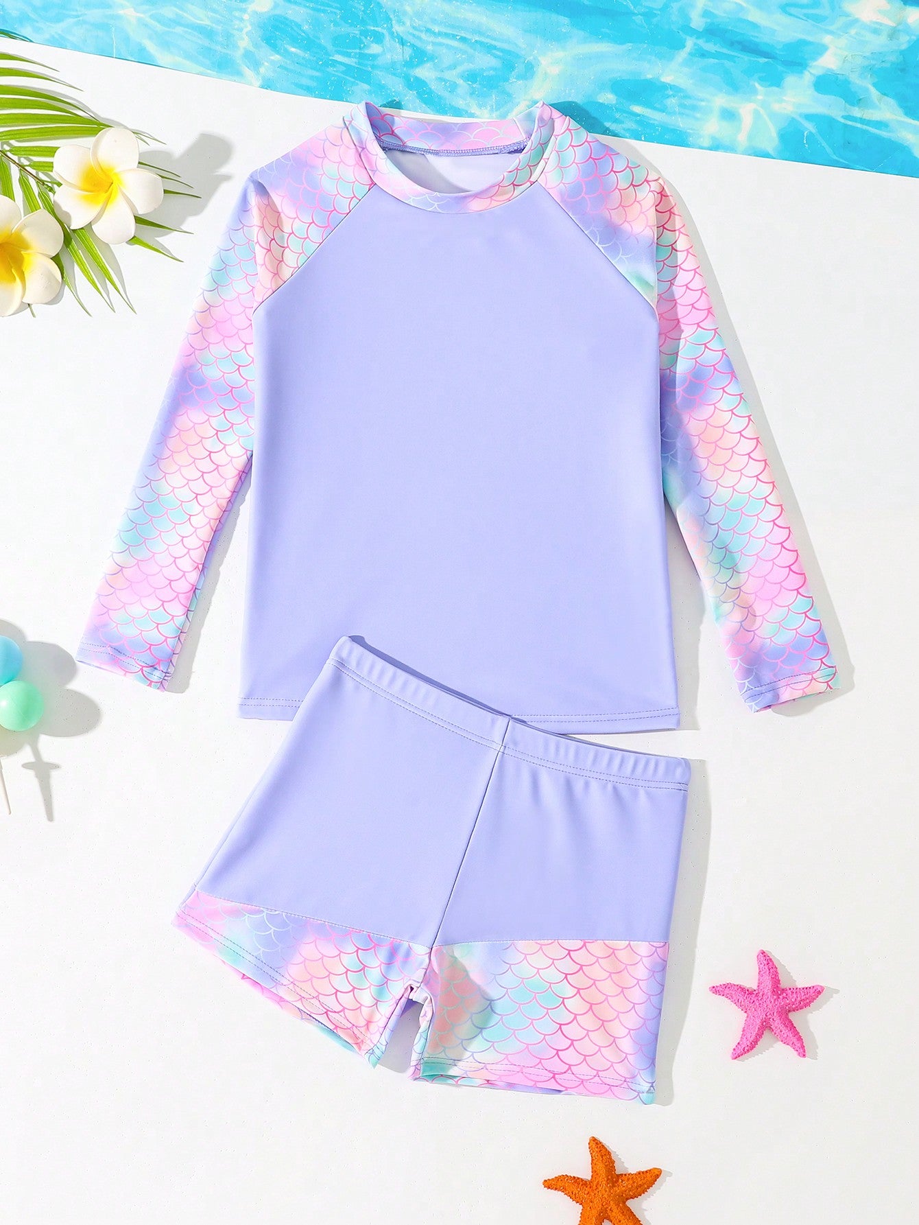 Young Girl Long Sleeve Shirt & Boyshorts Swimsuit Set, Random Print