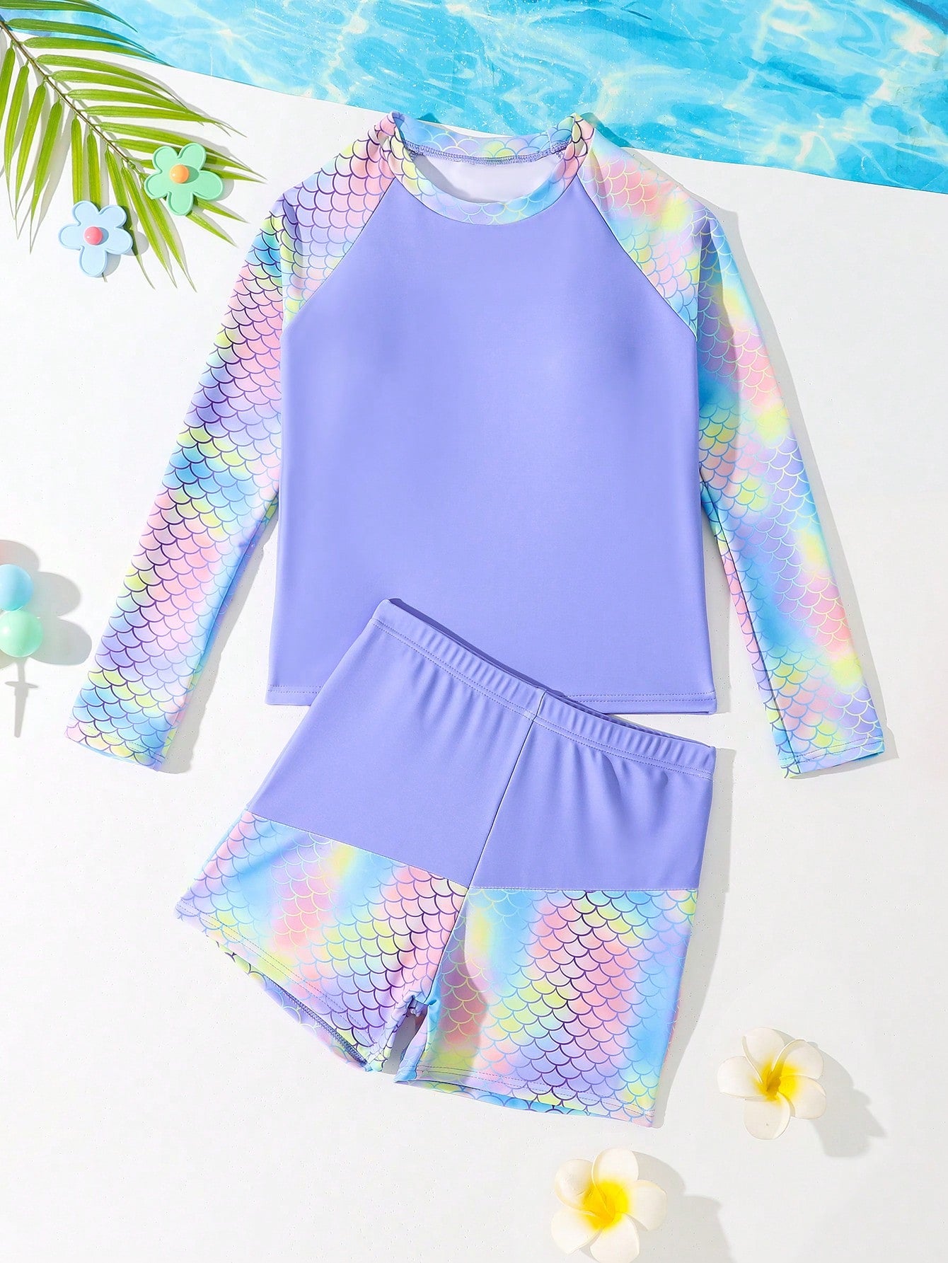 Tween Girl Beach Resort Pool Fish Scale Print Splice Long Sleeve Shorts Tankini Set