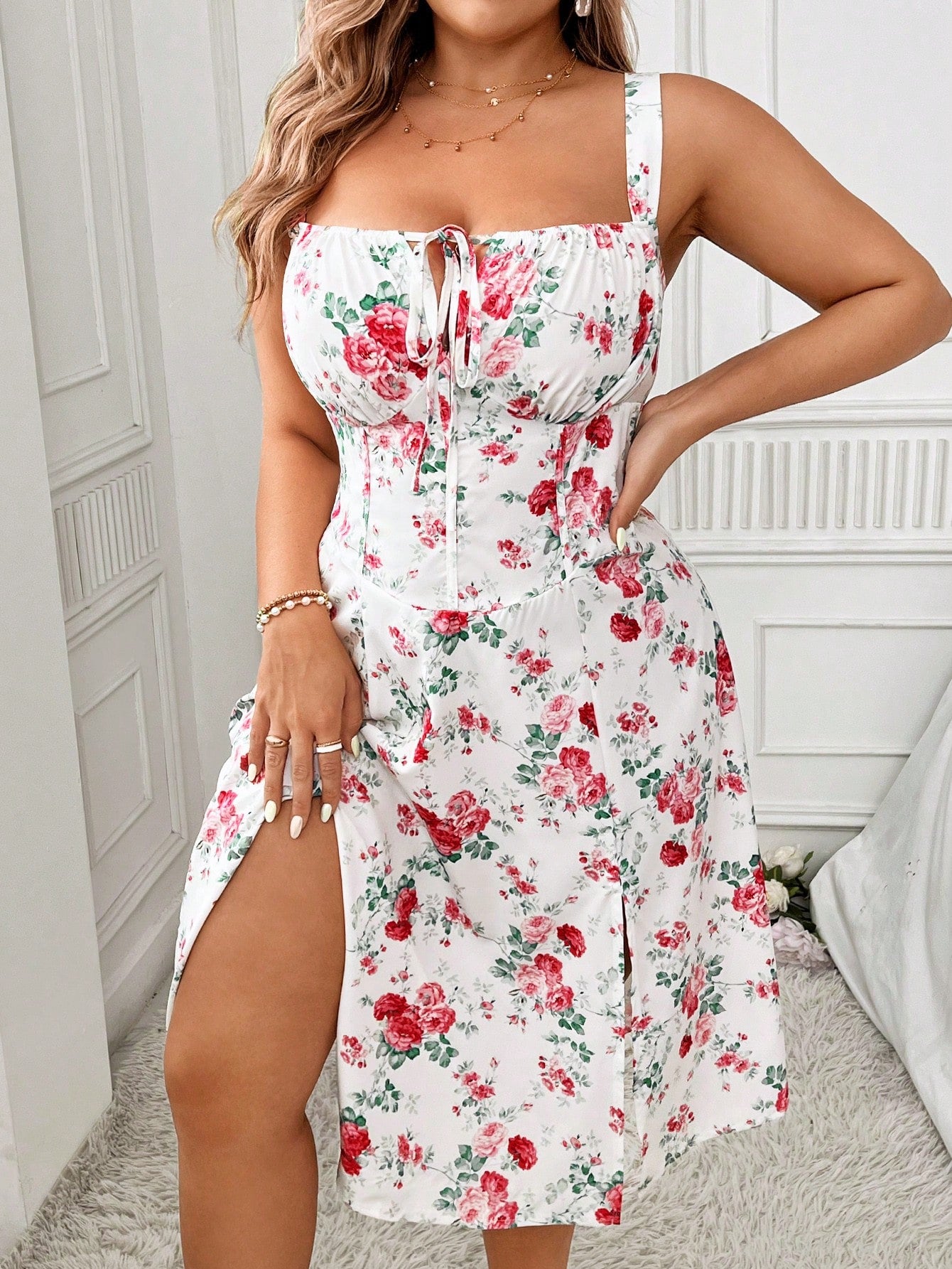 Frenchy Plus Floral Print Tie Front Cami Dress