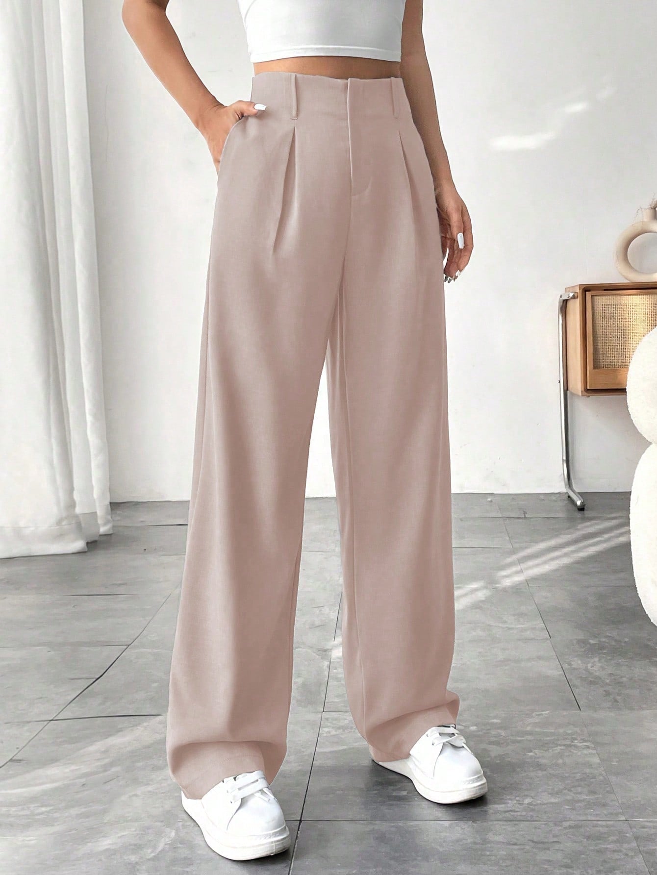 Women Solid Color Wide-Leg Pants With Pockets