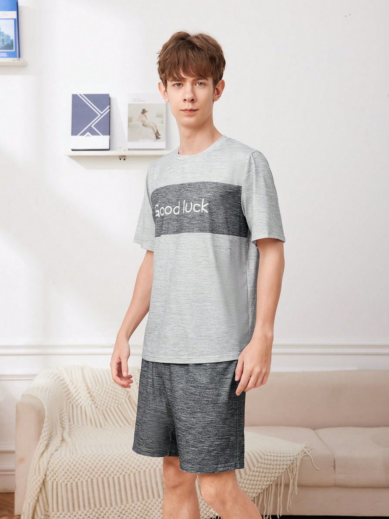 Teen Boy Simple And Casual Letter Printed Short Sleeves And Shorts Knitted Comfortable Home Pajama Set For Summer