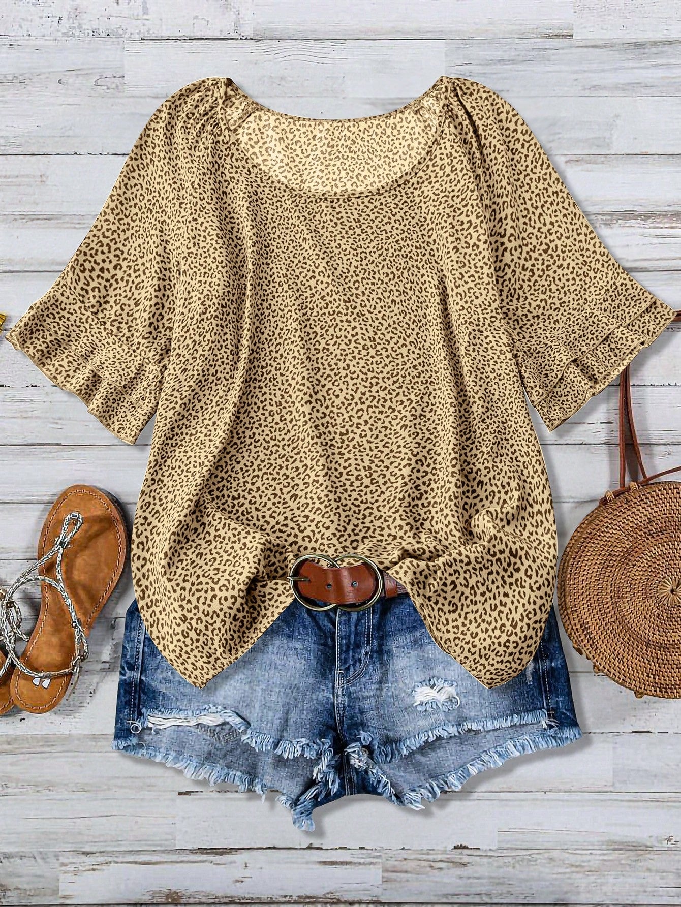 Plus Size Vacation Leisure Leopard Print Ruffle Sleeve Shirt