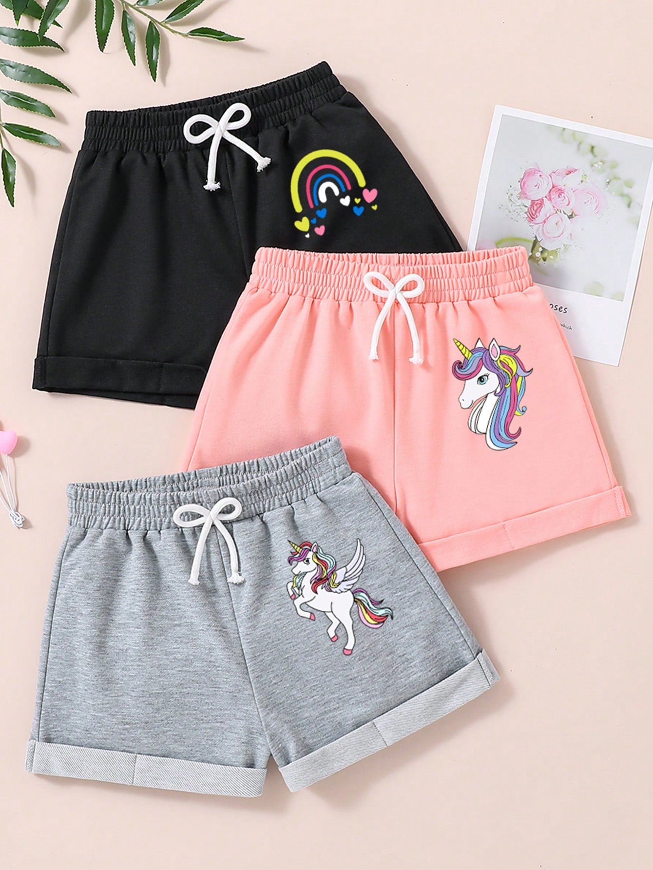 3pcs Young Girls' Cartoon Unicorn Print Shorts Set