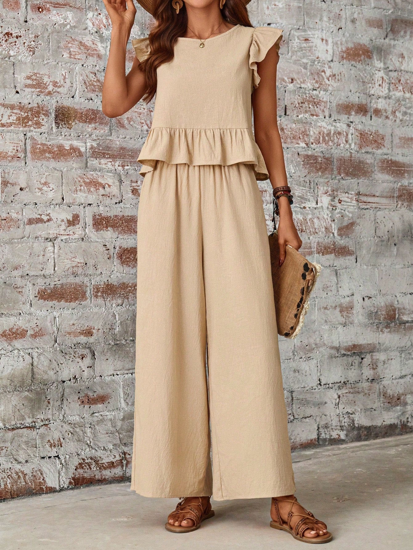 Round Neck Ruffle Hem Top+Pants Two Piece Set