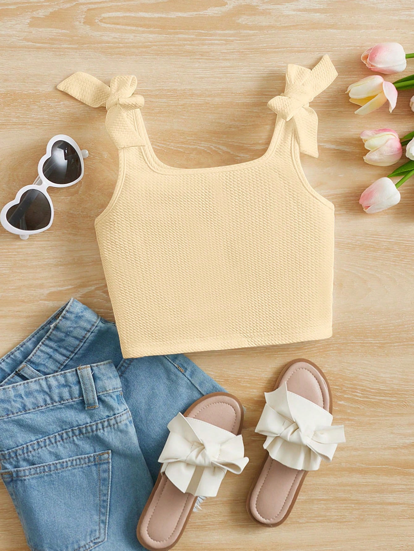 Young Girls' Sweet And Cute Square Neckline Knit Jacquard Bow Decoration Tank Top For Summer