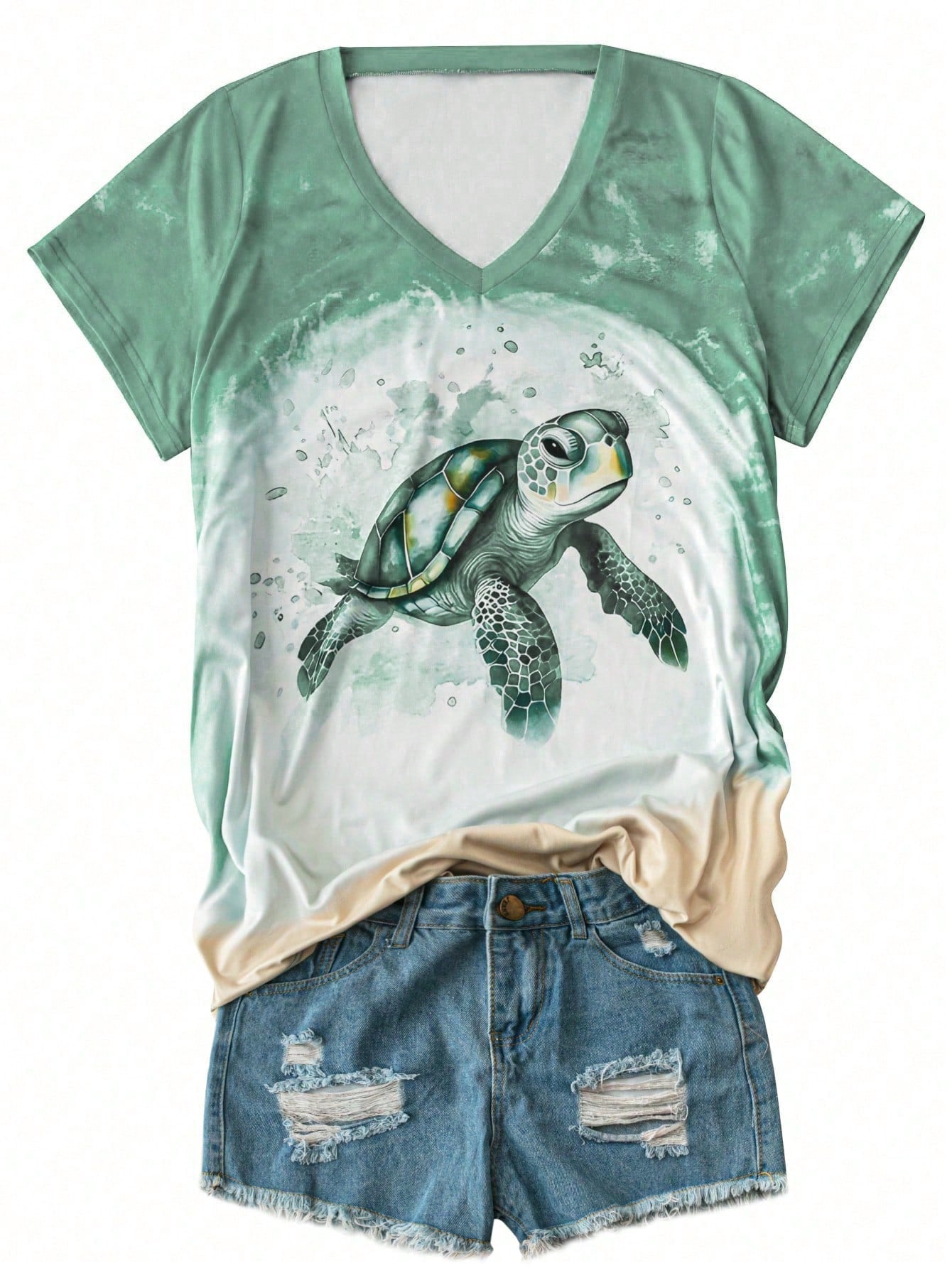 Plus Size Women's Cartoon Print Vintage Simple V-Neck Loose T-Shirt With Turtle Pattern For Summer