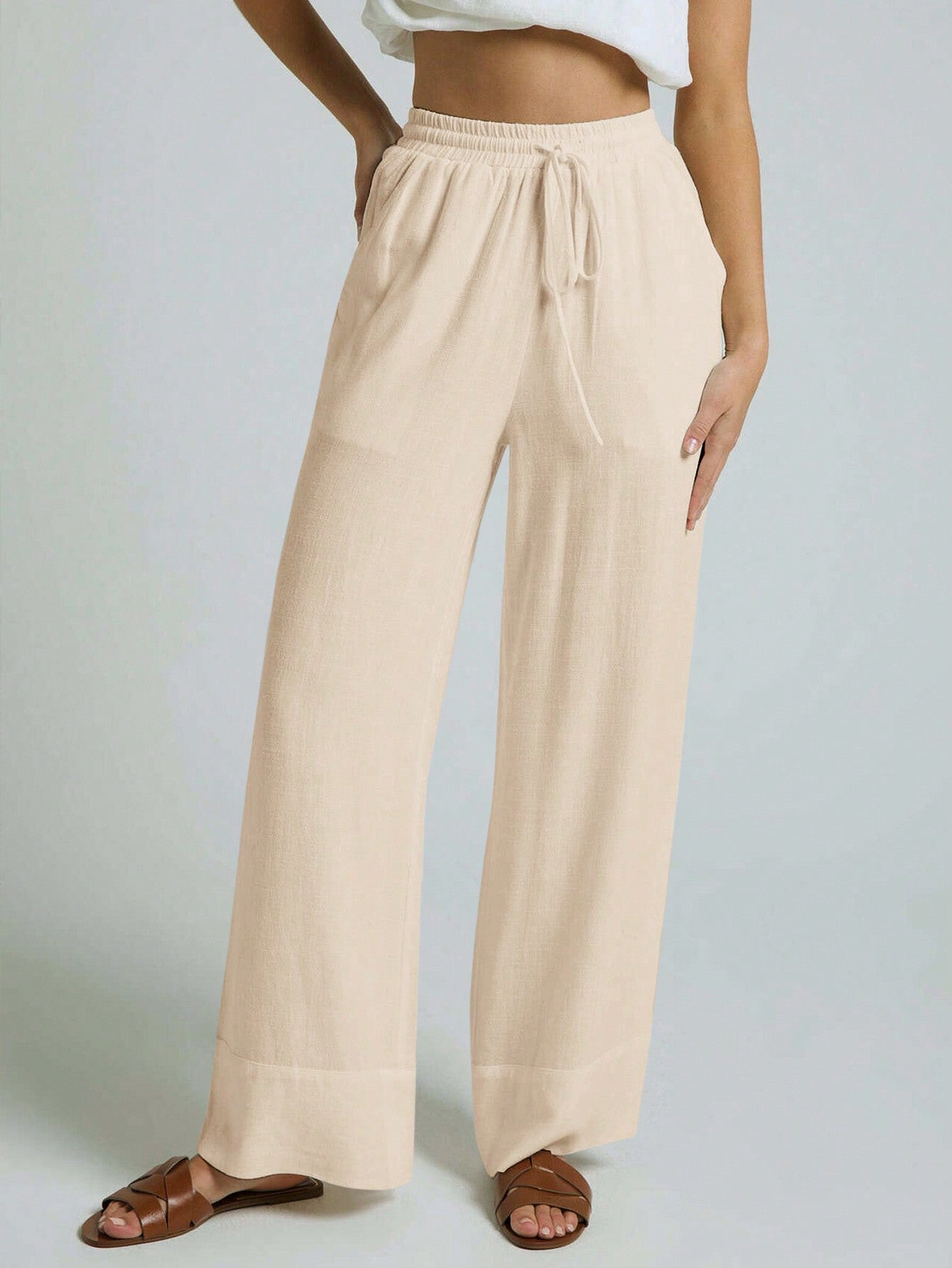 White Woven Women's Wide Leg Pants