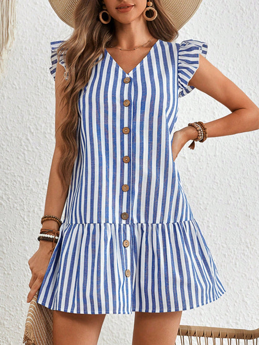 JORESS Women Vacation Weave Striped V-Neck Short Sleeve Loose Summer Dress With Ruffled Hem