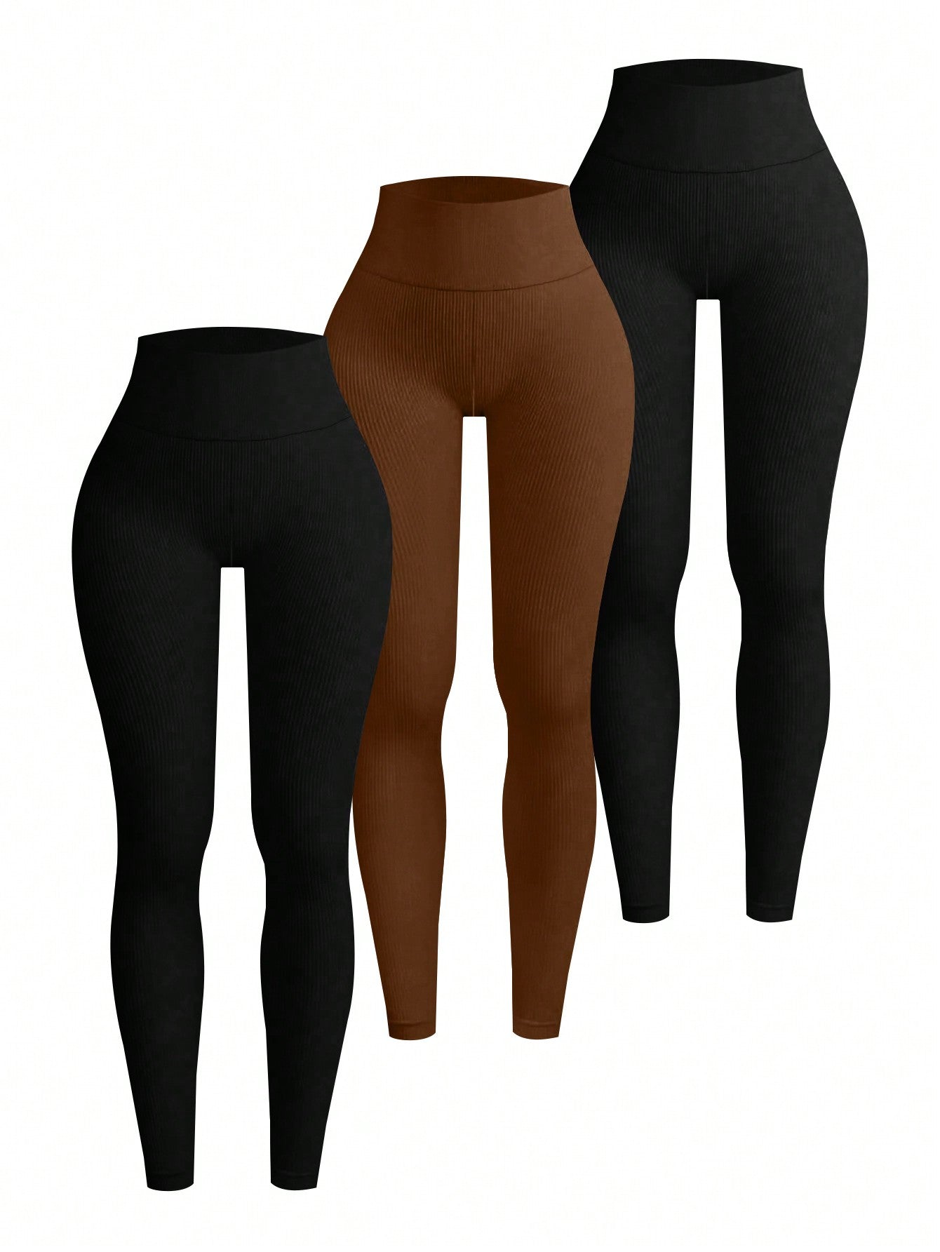 Plus Size Solid Color Wide Waistband Casual Leggings Set Of 3