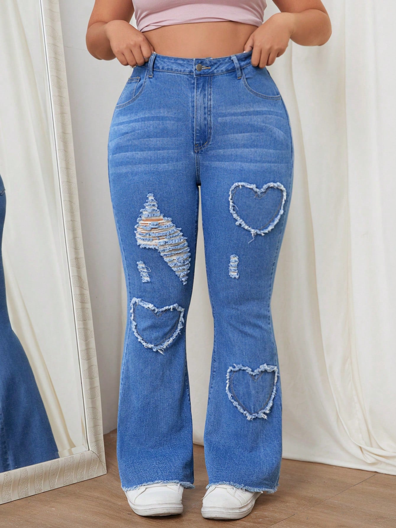 Plus Size Solid Color Distressed Jeans With Pockets And Button