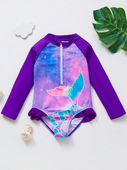 Young Girl Purple Galaxy Mermaid Print One Shoulder Long Sleeve Swimsuit