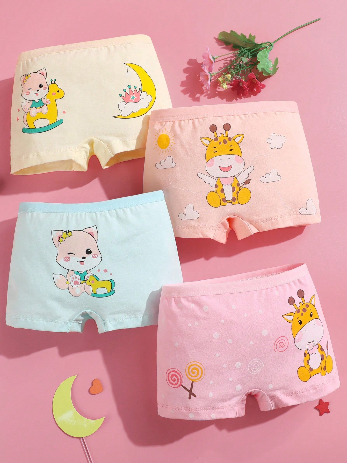 Young Girl 4pcs/Pack Soft & Comfortable Cartoon Printed Boxy Briefs