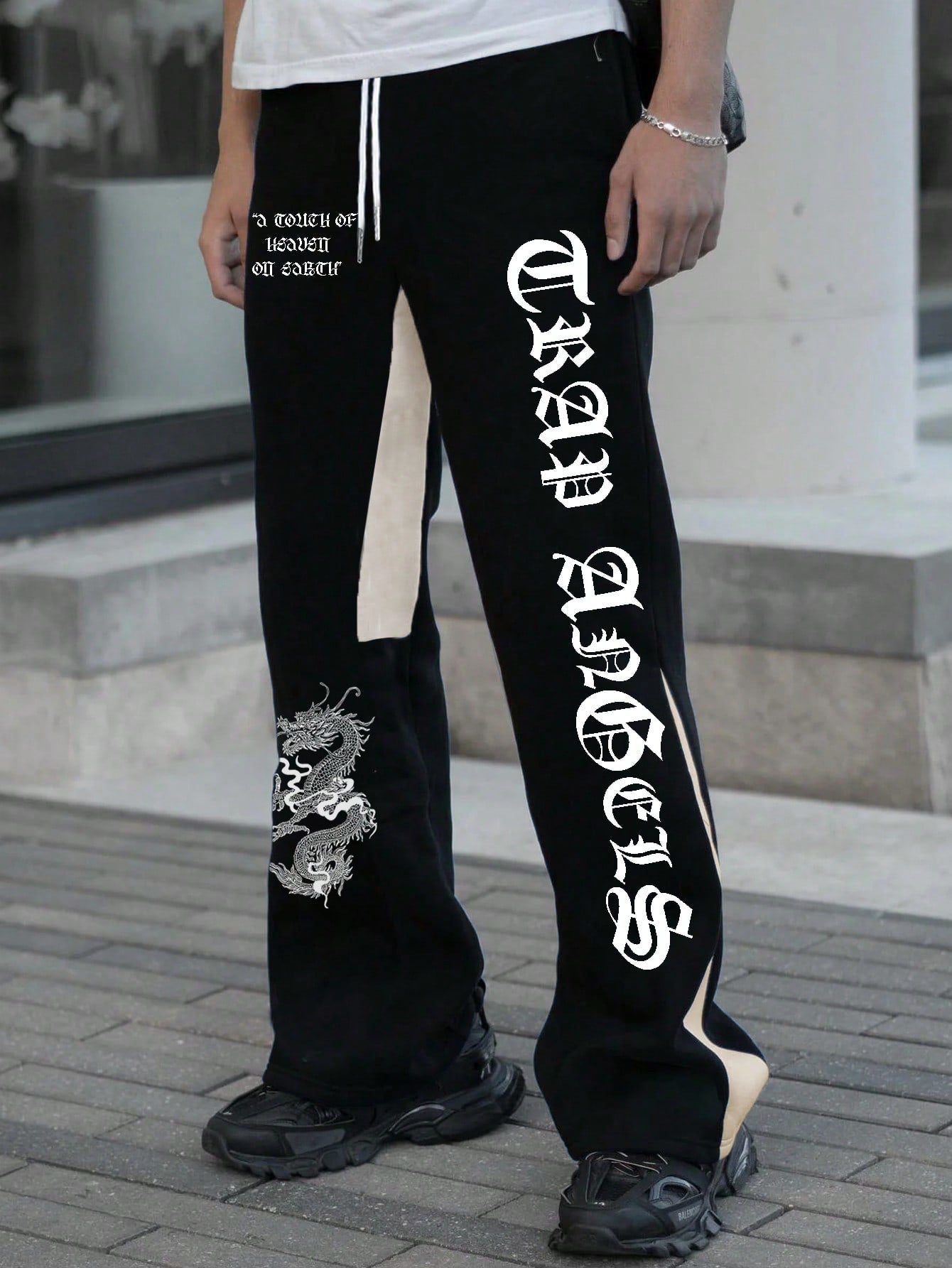 Men's Printed Letter Dragon Drawstring Waist Casual Pants With Pockets Straight Leg Long Slacks Going Out