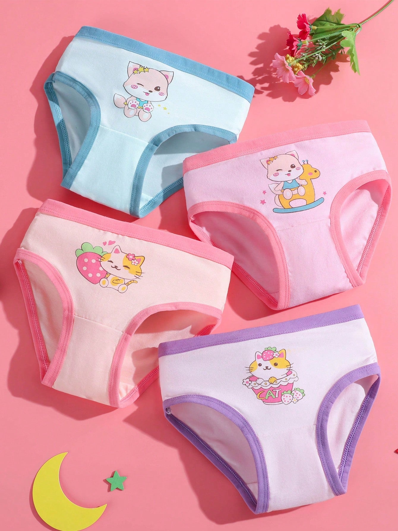 Young Girl 4pcs/Pack Soft And Comfortable Triangle Panties With Cute Cat Pattern