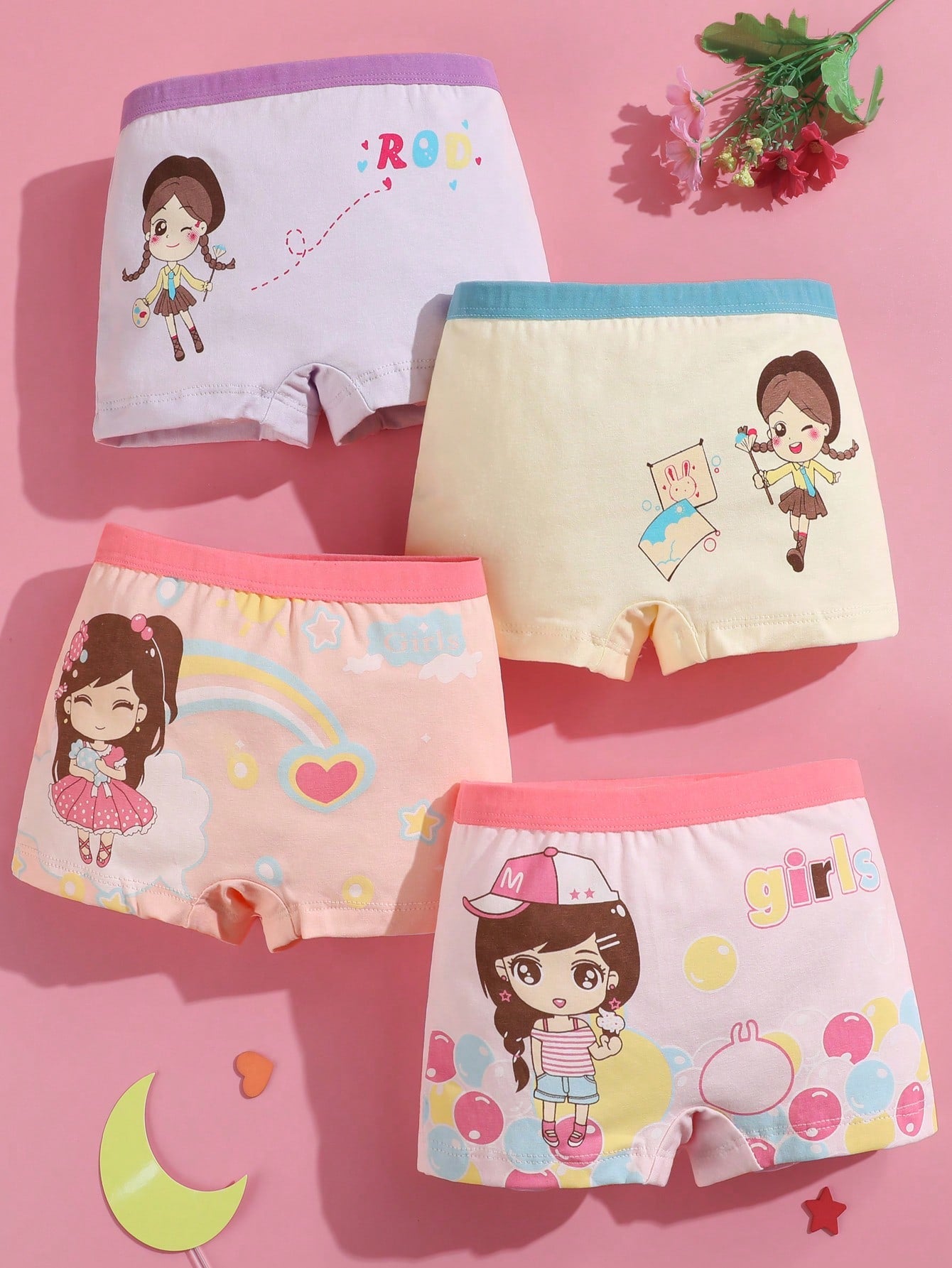 Young Girl 4pcs/Set Cute Pattern Boxy Briefs