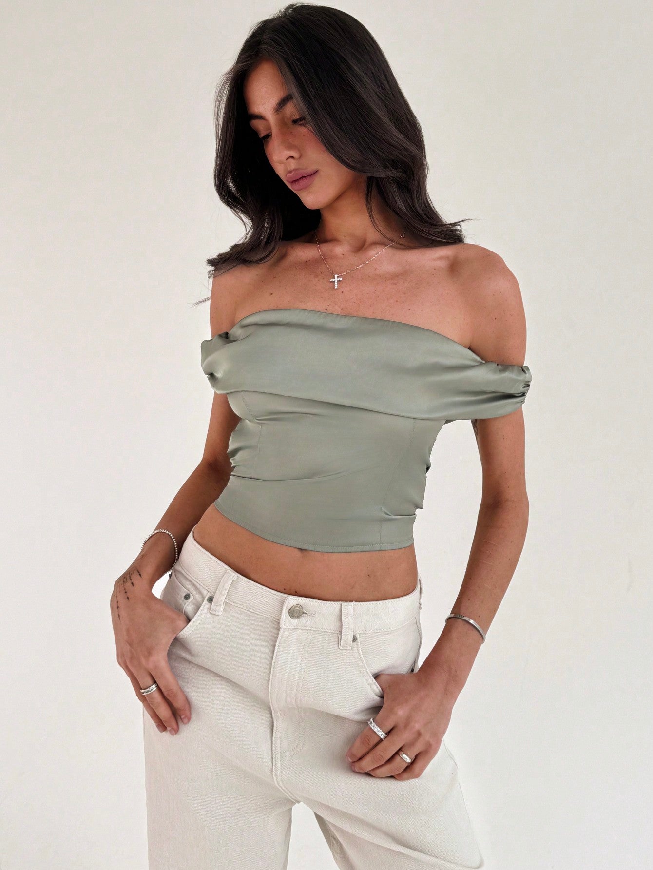 Women Off Shoulder Fitted Solid Color Simple And Elegant Shirt