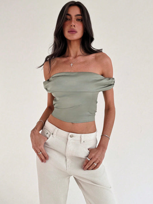 Women Off Shoulder Fitted Solid Color Simple And Elegant Shirt