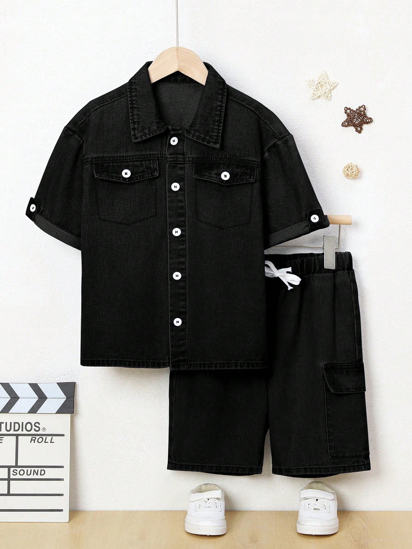 Tween Boy Short Sleeve Denim Jacket And Shorts Set For Spring/Summer