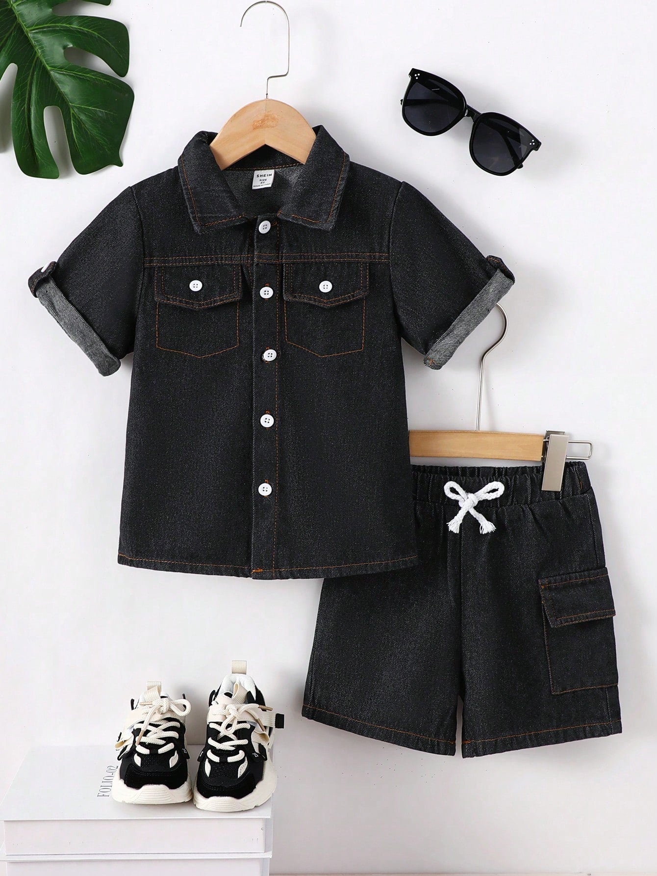 2pcs/Set Boys' Daily Casual College Style Blue Shirt And Blue Denim Shorts Set, Summer